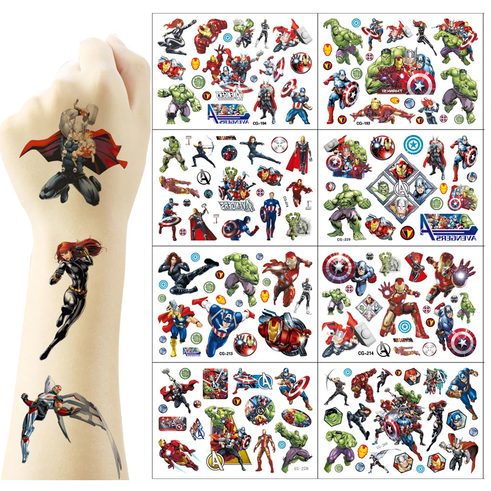 

1 шт., наклейки-тату с Железным человеком из фильма «Мстители», водонепроницаемые оригинальные наклейки с супергероями Marvel, принадлежности для дня рождения, подарок с героями мультфильмов
