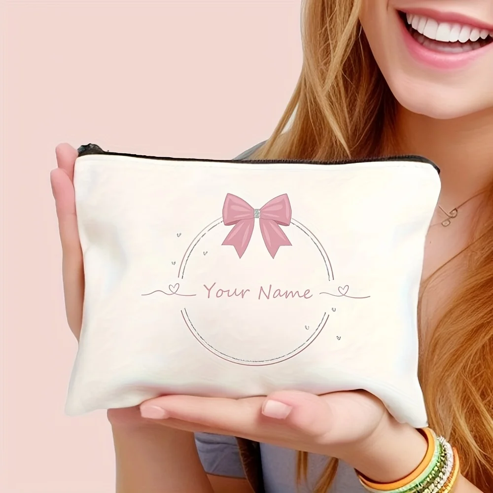 

Настраиваемая розовая косметичка с бантом и сердечком, легкая складная сумка для туалетных принадлежностей, большая вместимость для путешествий и шопинга