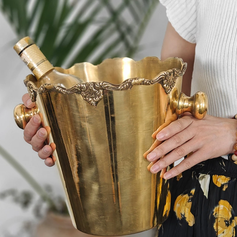 Indian handmade brass ice bucket retro high-end American European beer champagne bucket household ice bucket flower ornaments