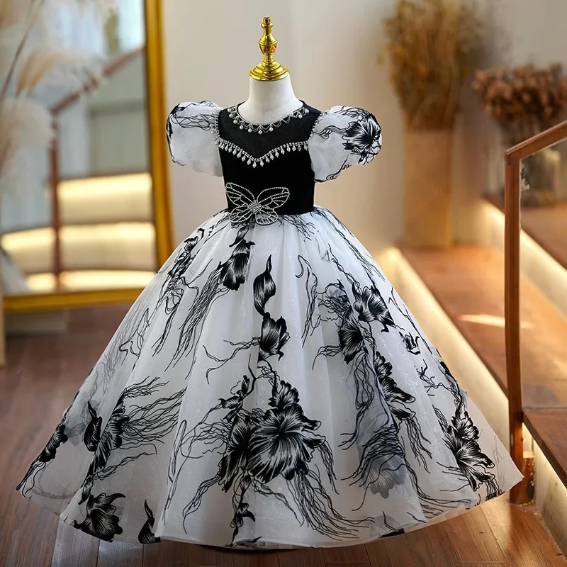 High end Flower printing butterfly pearl Girl's Dresses Ball Gown Flower Girl Dress For Wedding Birthday Party Pageant dress