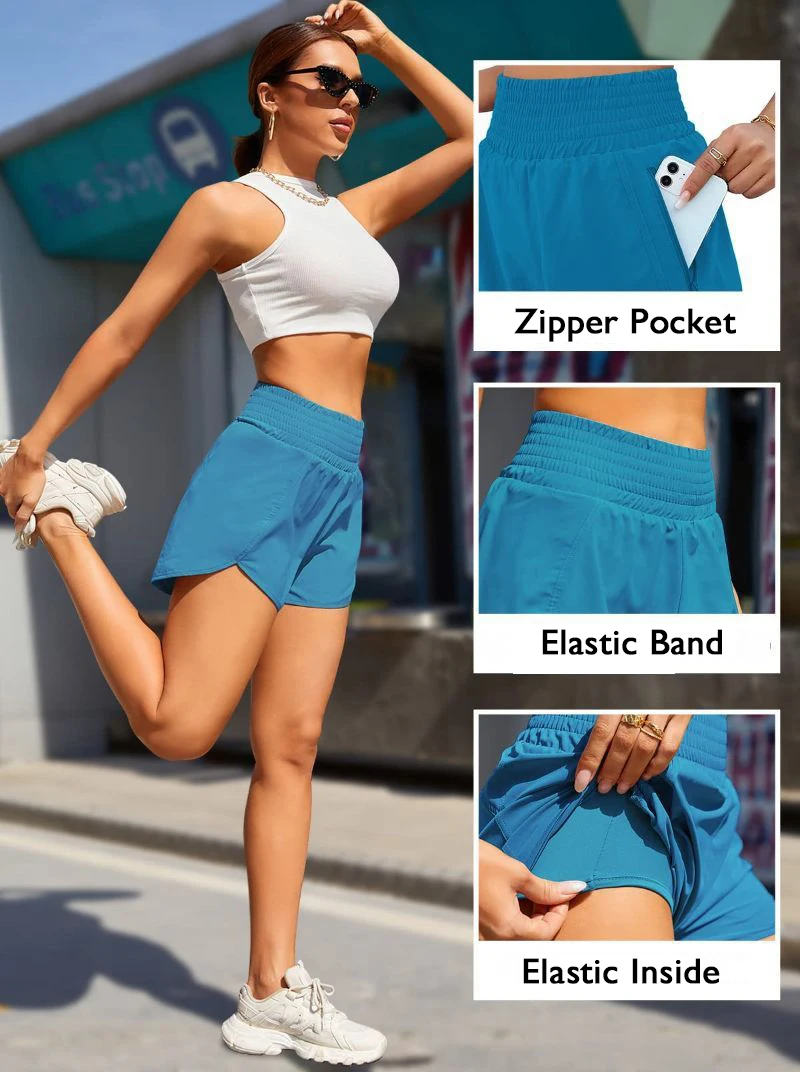 Women Tennis Sport Shorts High Waist Exercise Training Running Yoga Fitness Crossfit Losse Short Pants with Zipper Pocket