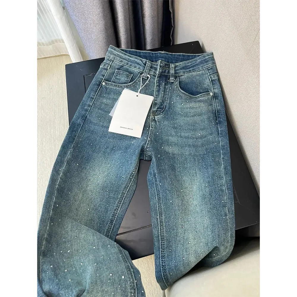 Vaqueros Retro lavados con incrustaciones de diamantes para mujer, pantalones de pierna recta de cintura alta con diseño de primavera, pantalones vaqueros de pierna ancha holgados a la moda