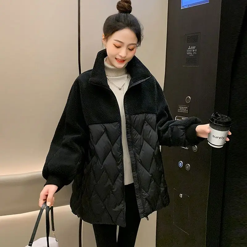 Autumn and Winter New Women's Oversized Down Cotton Jacket Commuter Lamb Wool Splicing Cotton Jacket