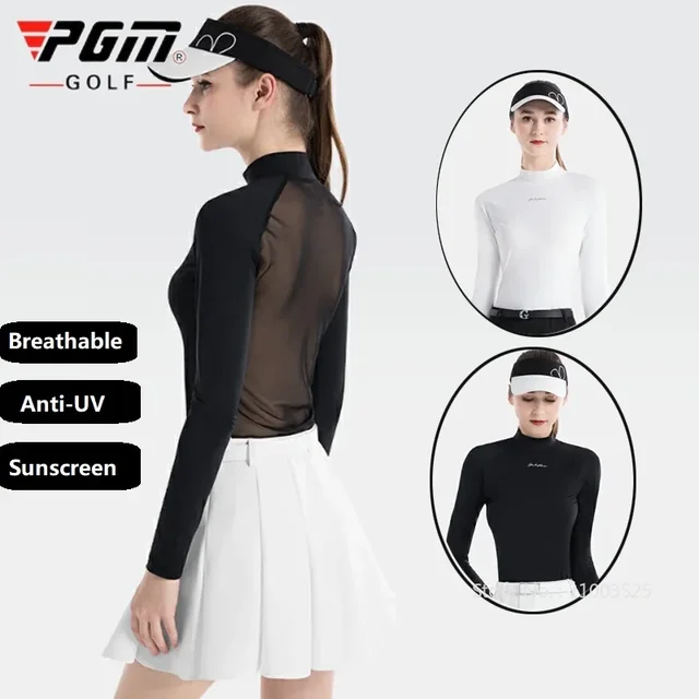 PGM 2024 letnie golfowe damskie koszulki z filtrem przeciwsłonecznym z długimi rękawami ultra-cienka lodowy jedwab koszula z wycięciem pod szyją damskie oddychające siatkowe topy golfowe