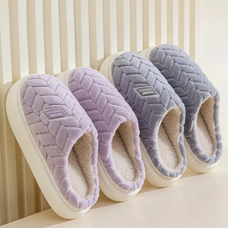 

Winter Men's Slippers New Concise Couples Indoor Warm Non-Slip Plush Floor Shoes Furry Women's Slides Thick Sole Home Slipper