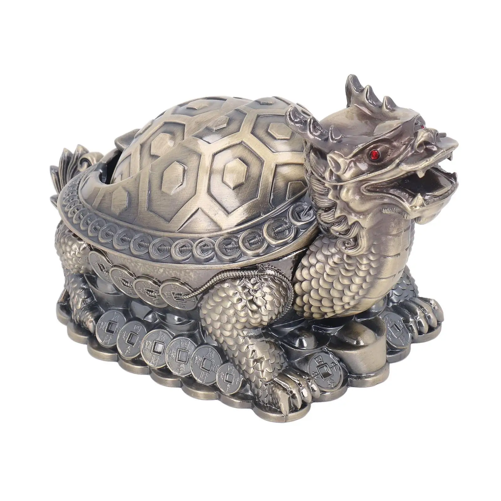 

Vintage Windproof Metal Ashtray with 3 Slots & Lid - Zinc Alloy Tortoise Dragon Design for Home, Office & Outdoor Use