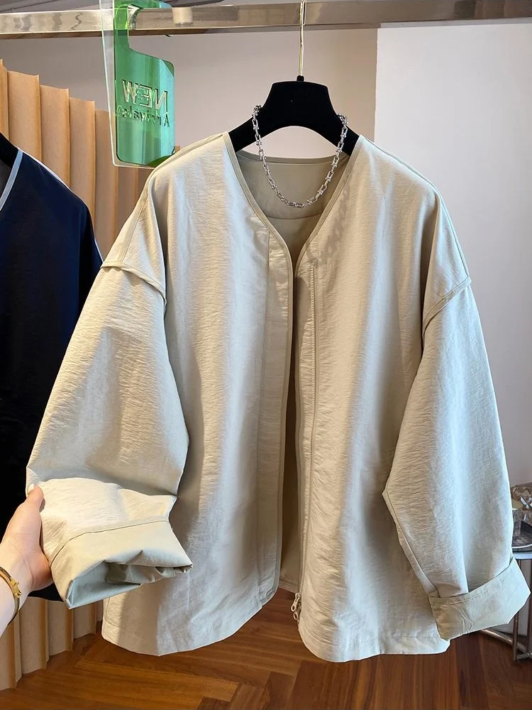 Women Korean Style No‑Collar Jacket 2026 Autumn Loose Thin Color Block Slub Casual Cropped Outerwear Fashion Ladies Tops