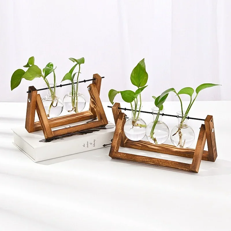 

Wooden Frame Hydroponic Glass Vase Ins Style Retro Green Plants Hydroponic Ware Small Vase Tabletop Decoration Room Decor