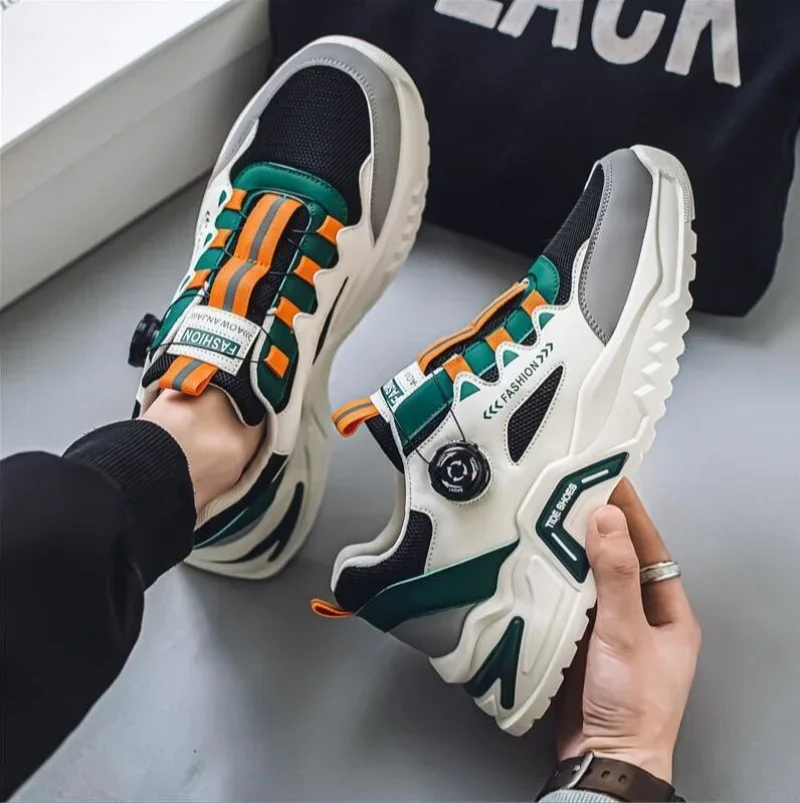 

2025/Мужская модная повседневная спортивная обувь с вращающейся пряжкой, четырехсезонные нескользящие уличные кроссовки на мягкой подошве, студенческие кроссовки