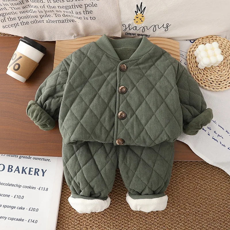 2026 Autumn Winter New Baby Boys Clothing Set Letter Print Lining Plush Thick Warm Single-Breasted Coat+Pants 2Pcs For Kids Suit