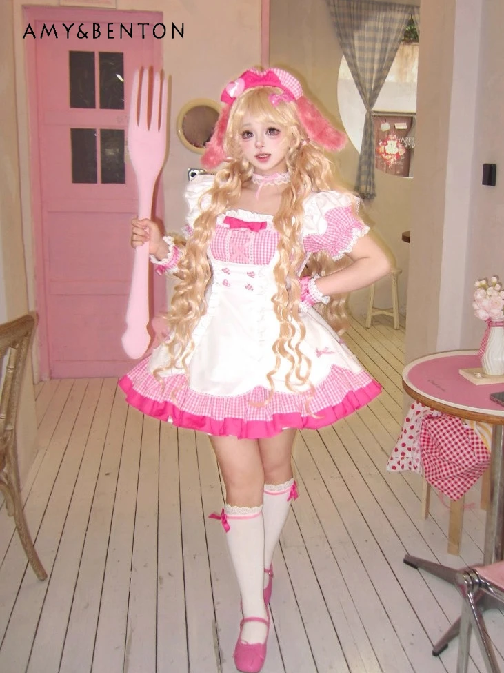 Costume de Cosplay de demoiselle d'honneur Original, Lolita, doux et mignon, à volants, manches courtes, col carré, Mini robe à carreaux, robe bouffante gothique sous-culture