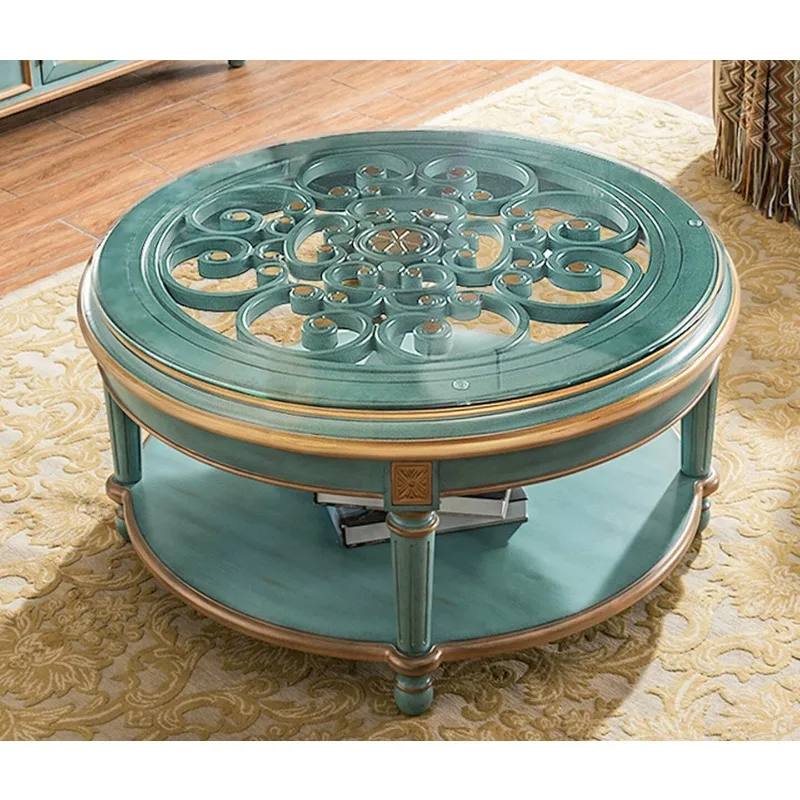 Mediterranean furniture living room coffee table, American TV cabinet small retro tea table, household blue coffee table round