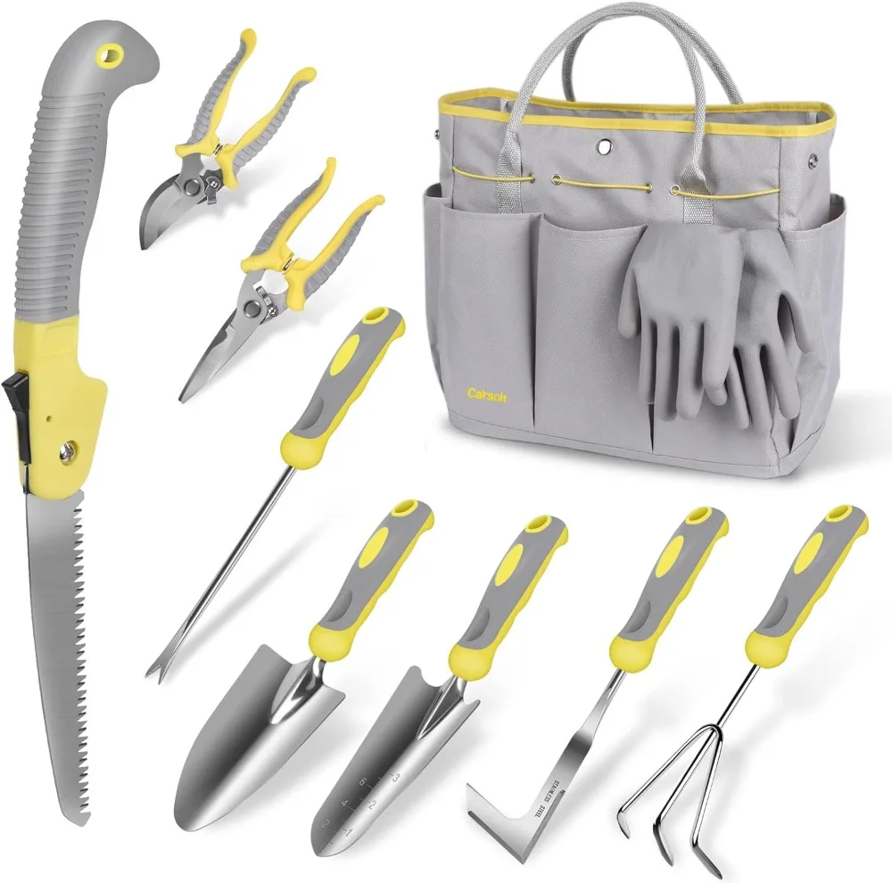 

10 Piece Stainless Steel Heavy Duty Gardening Tool Set for Digging Planting Pruning Gardening Kit with Durable Bag Gloves