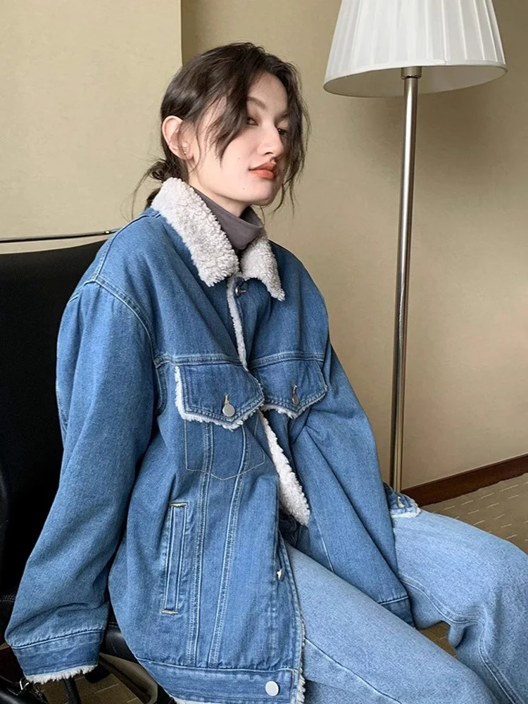 

Denim Coat Hoody Fur Plush Womens Winter Loose-Fitting Standneck Minimalism Leisure Urban Social Buttoned Plaids Soft Lined Chic