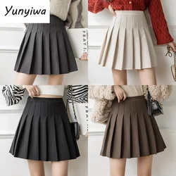 New Winter Woolen Skirt Women Solid High Waist Pleated Mini Skirts Vintage School A Line Falda Plisada Beige Grey Black Brown