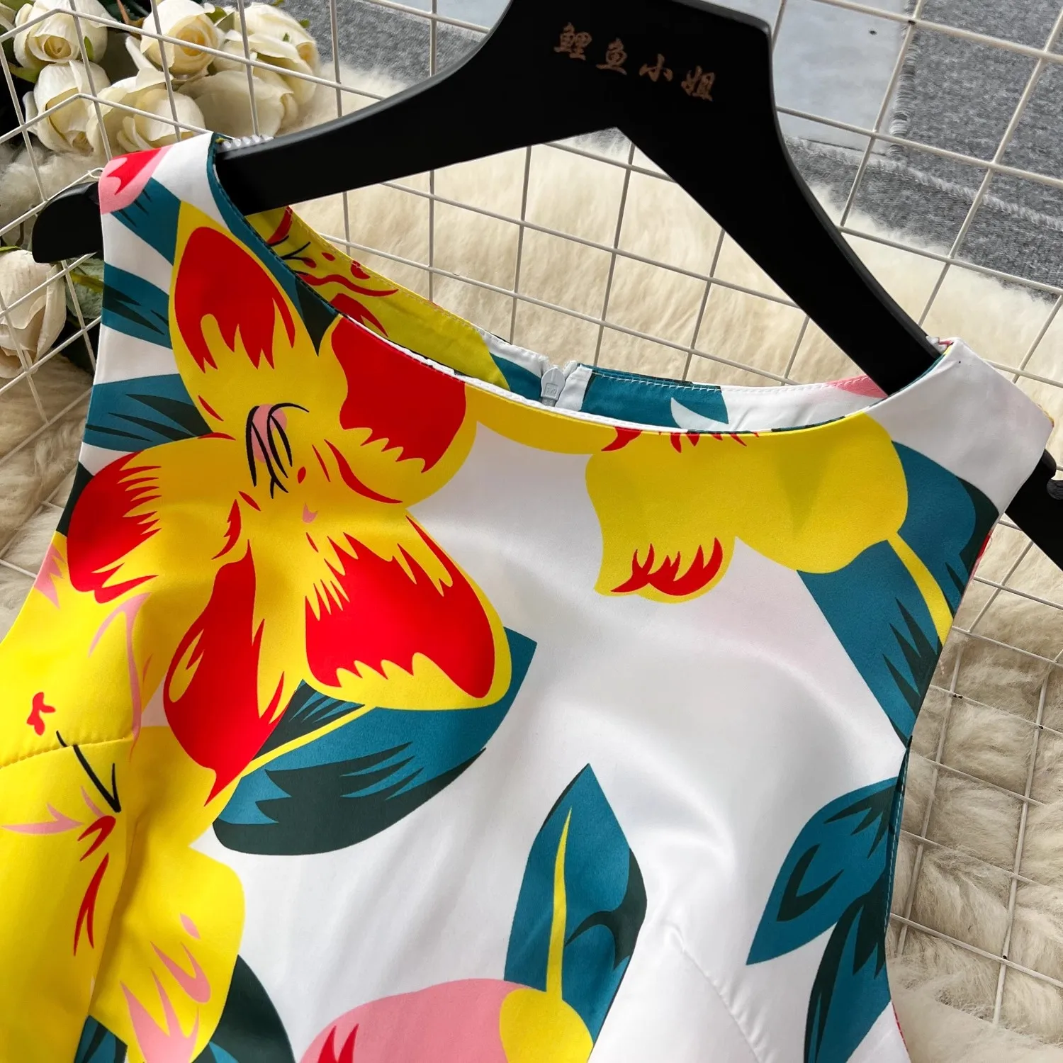 Flower Print Women Vest Midi Dress Elegant Fashion O-Neck Summer Sleeveless Slim High Waist A-Line Party Runway Tank Vestidos