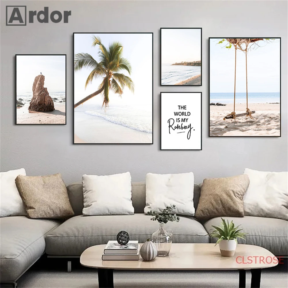 Sea Waves Palm Tree Wall Art Canvas Poster Beach Print Painting Swing Posters Seascape Nordic Wall Pictures Living Room Decor