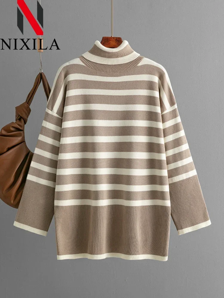 بلوفرات نسائية مخططة للخريف والشتاء بياقة عالية سترة فضفاضة غير رسمية بأكمام طويلة قمصان أنيقة ملابس نسائية