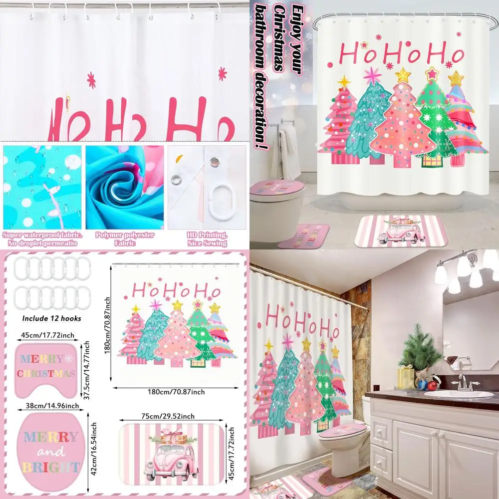

Pink Farmhouse Christmas Shower Curtain Set with Non-Slip Rugs, Mat, Toilet Lid Cover for Holiday Bathroom Decor