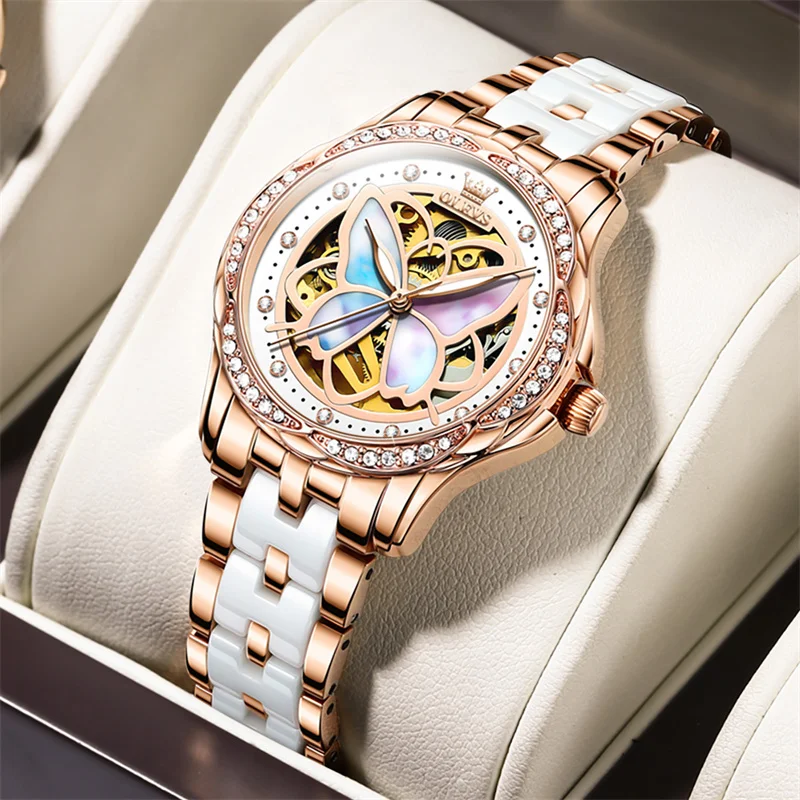 OLEVS Women Watches Fashion Colorful Butterfly Dial Automatic Mechanical Watch Top Brand Luxury Ladies Wristwatch Reloj Mujer