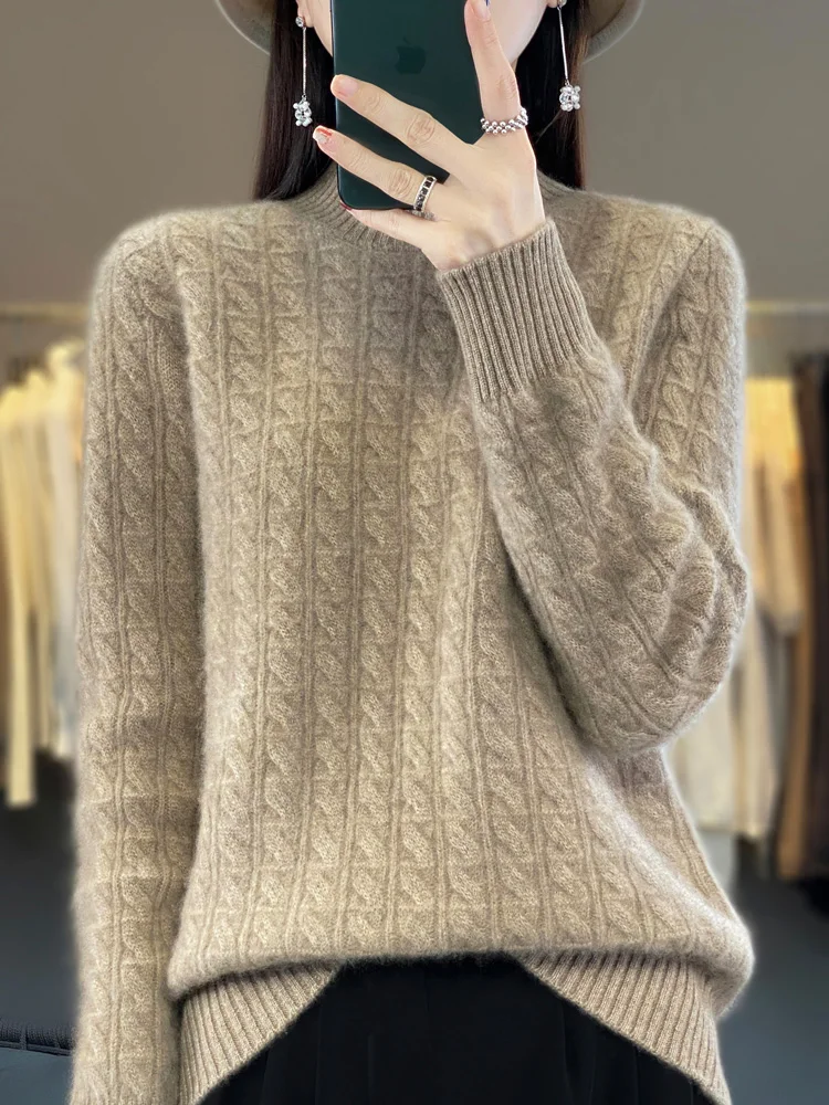 Autumn Winter Women Pullovers 100% Merino Wool Sweater Thick Warm Mock Neck Twist Casual Cashmere Knitwear Korean Fashion Tops