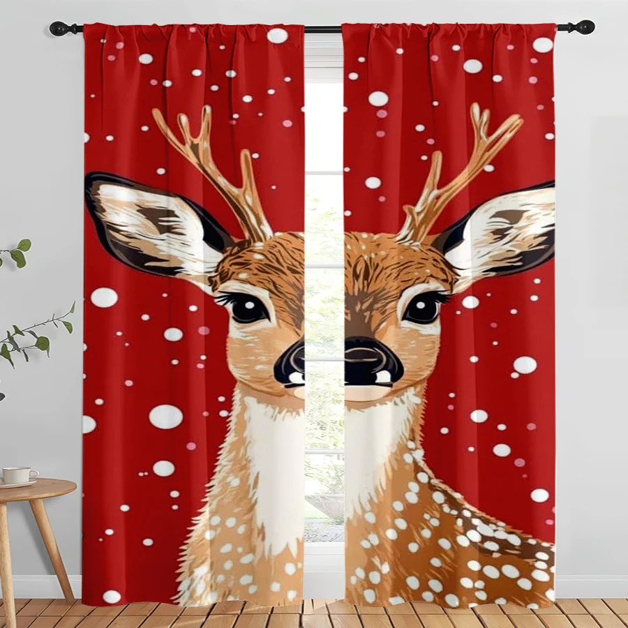 2PCS Christmas Digital Print Curtains, Close Up Reindeer Face Red Background Snow, Bold for Living Room Bedroom Window Decor