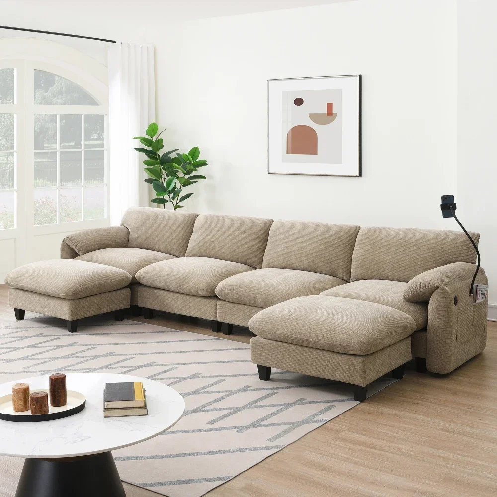 

140" Modular Sectional Sofa, 31.5" Extra-Wide Seat Cushion, Type-C Charger, Phone Holder and Side Storage Pockets, U-Shape sofa