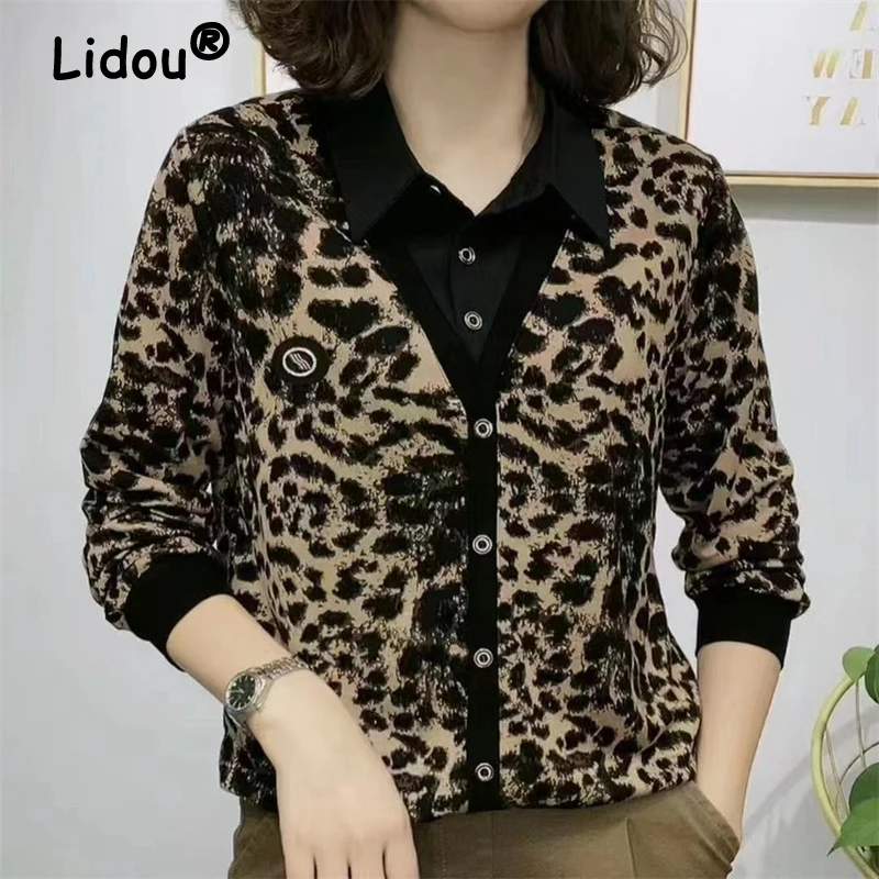 

Women's Clothing Autumn Fashion Vintage Leopard Printed Blouse Casual Lapel Long Sleeve Fake Two Piece Shirt Female Elegant Tops