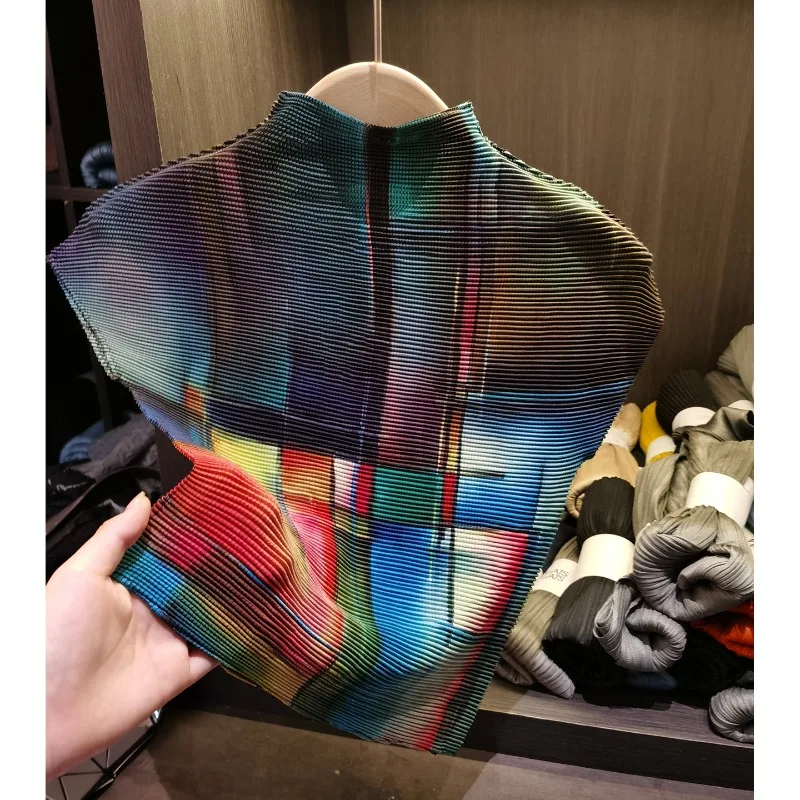 

Miyake Pleated High-end Irregular Print Pleats T-shirt Women 2026 Spring High Elastic Slim Thin Versatile Stand-up Collar Blouse