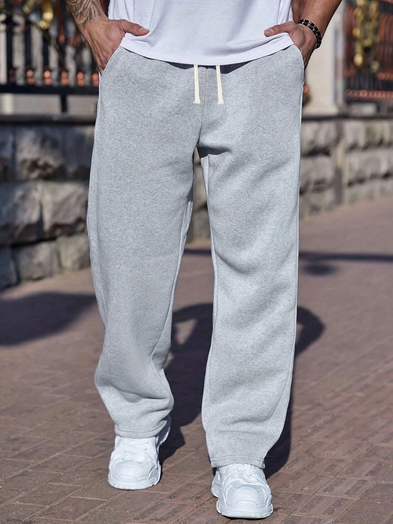 

Men's Straight Drawstring Sports Pants, Loose Casual Pants, Comfortable for All Seasons, Solid Color Loose Fit Pants