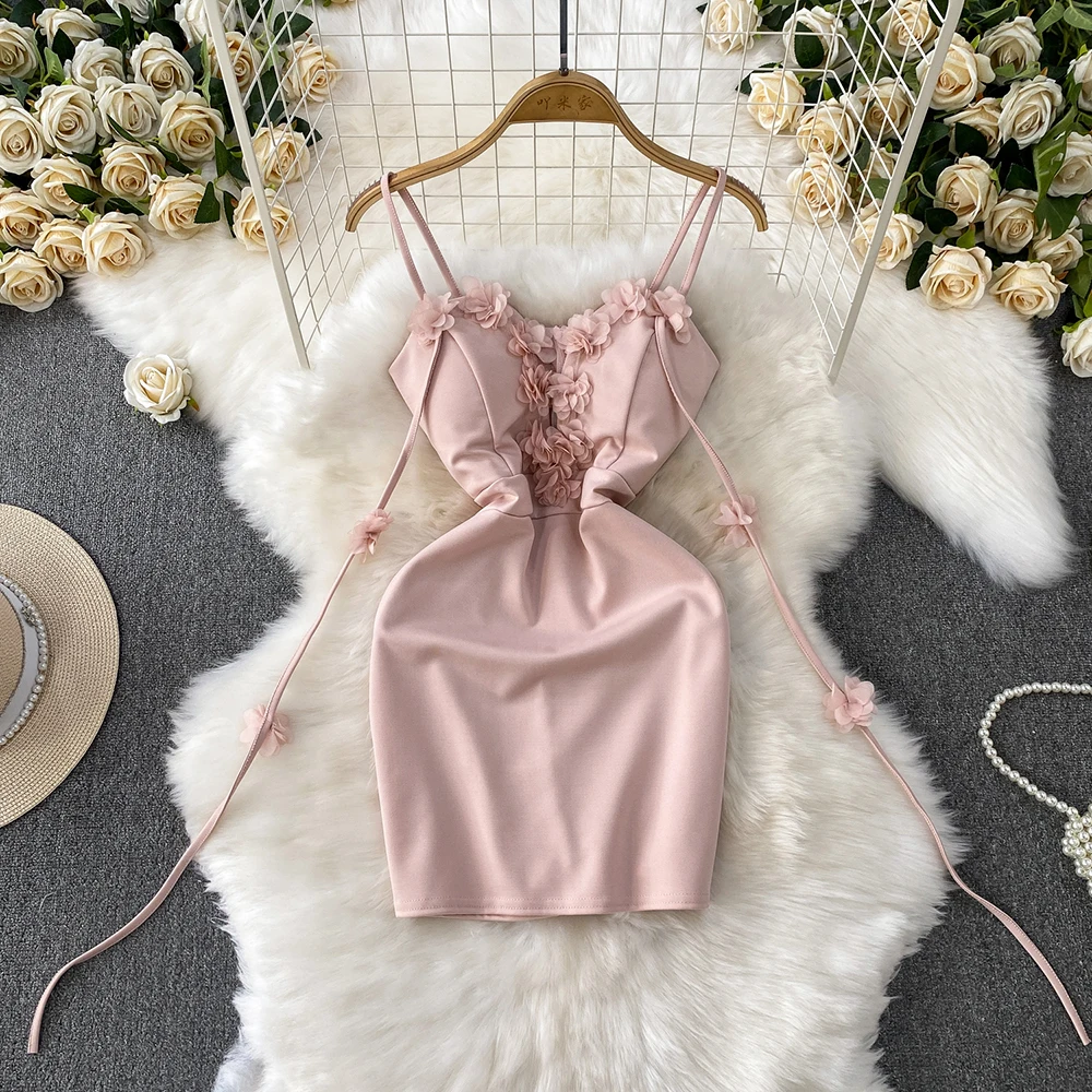 Women Sexy Slip Dress Summer Tulle Floral Patchwork Strap Mini Frocks Female Solid Color Slim Backless Elegant Dresses