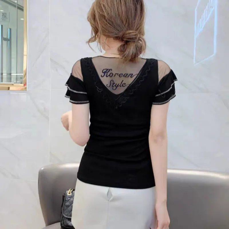 New 2023 Summer Short Sleeve Woman's T-Shirt Fashion Sexy V-Neck Mesh Tees Tops Shirt Hot Drilling Ruffels Ladies Clothes Tshirt