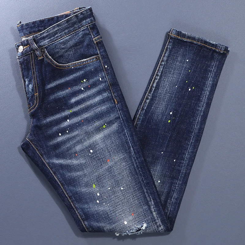 Men Dark‑Blue Horizontal Whisker Wash Color Splatter Paint Light Frayed Ripped Stretch Skinny Denim Jeans Hip‑Hop Streetwear Den