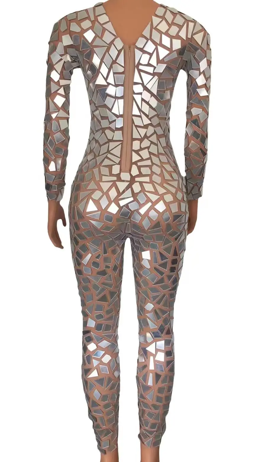 Zilveren Spiegels Transparante Jumpsuit Vrouwen Dansvoorstelling Sexy Kostuum Verjaardag Vieren Bodysuit