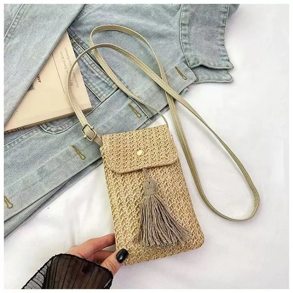 Straw Crossbody Bag Women Mini Woven Shoulder Phone Purse Tassel Boho Summer Beach Holiday Bag Small Messenger Pouch Casual view 4