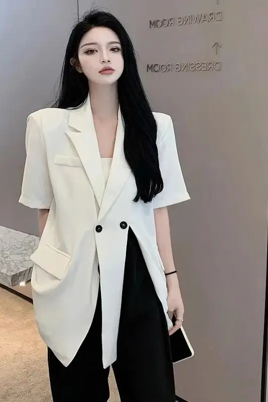 Summer White Short Sleeve Blazer For Women Thin Split Design Elegant Sun Protection Top