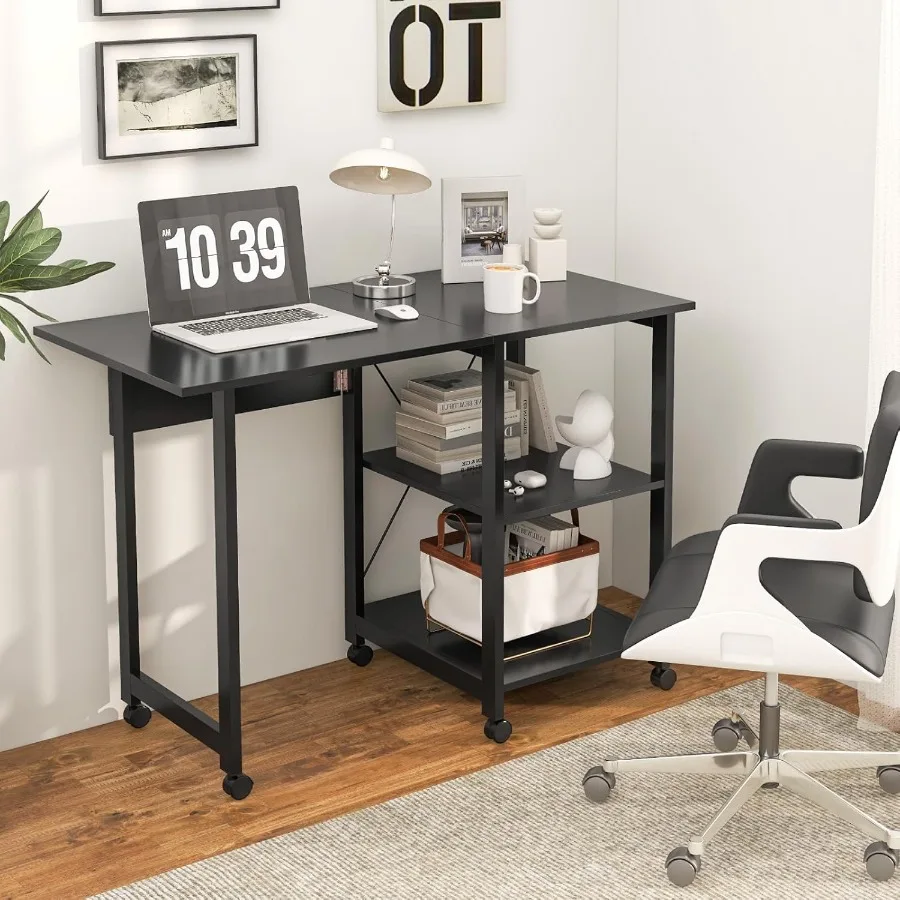 مكتب كمبيوتر قابل للطي بتصميم عصري وأرفف تخزين من طبقتين، محطة عمل محمولة مدمجة للاستخدام المنزلي والمكاتب #2