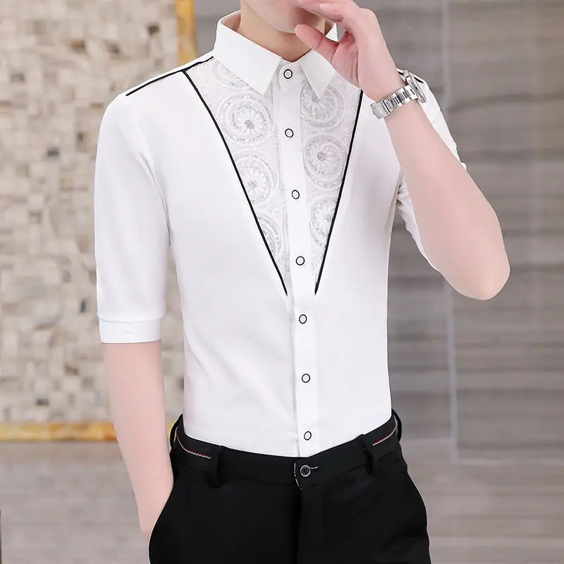 2-B9  Summer black mid-sleeve shirt for men, slim fit, casual three-quarter s shirt, high-end hairdresser trendy men's clothing