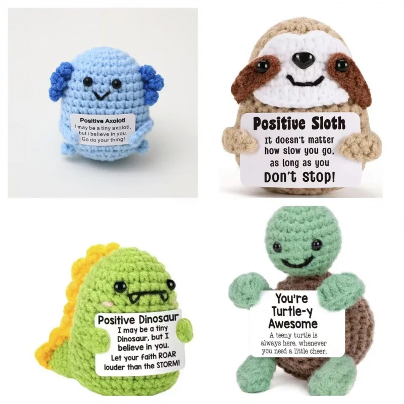 Handmade Positive Crochet Animal Doll with Tags Funny Emotional Support Friendship Gift for Friend Cheer Up Gift for Kids