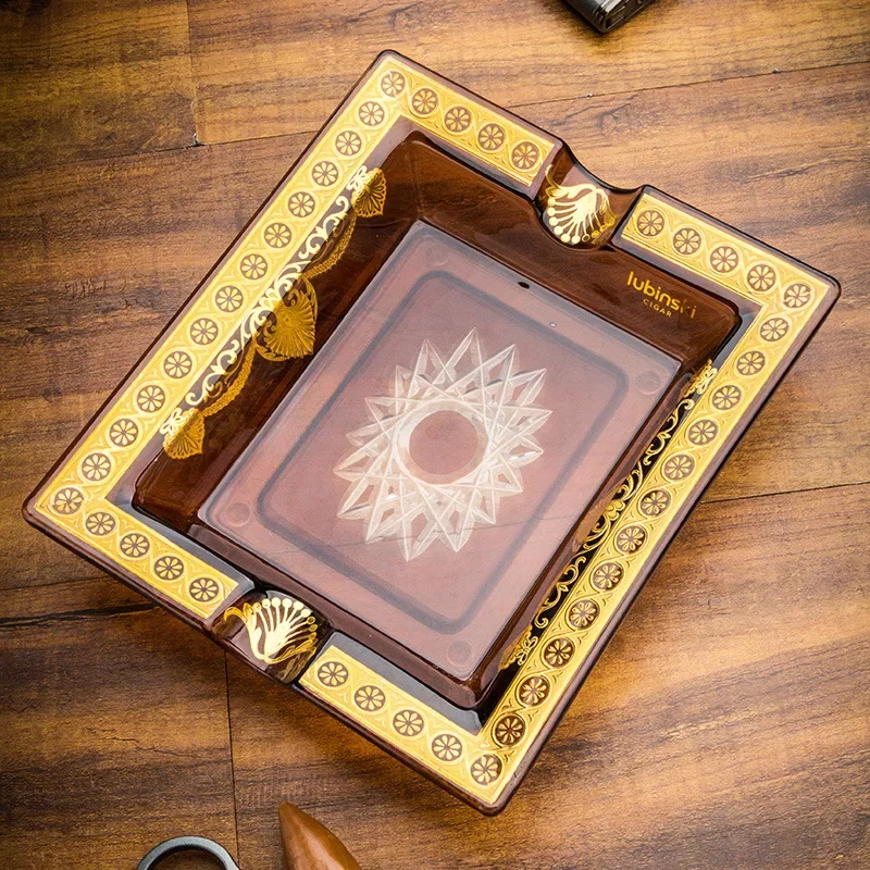 LUBINSKI cigar ashtray glazed material double smoke groove sticker golden flower hand-carved pattern creative handicraft