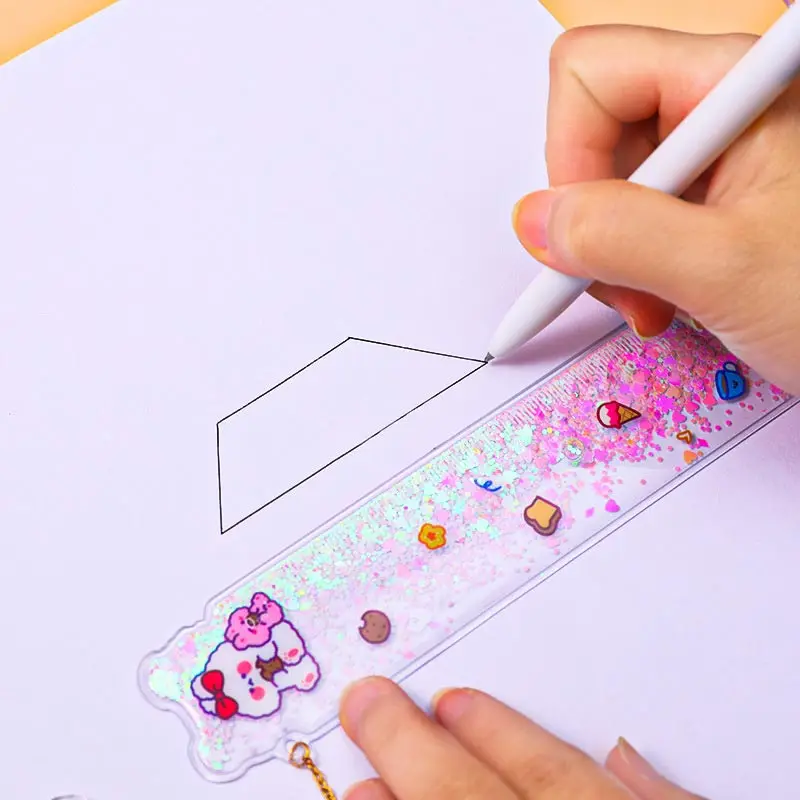 Multifunctional Oil Quicksand Sequin 15cm Measuring Straight Scale Ruler Soft Bookmark With Pendant Student Drawing Stationery