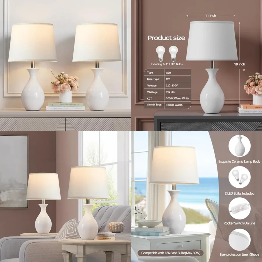 

Table Lamp Set of 2, Modern Ceramic Bedside Lamps for Night Stands, Classic Small Lamp Nightstand Lamp for Bedroom Living Room