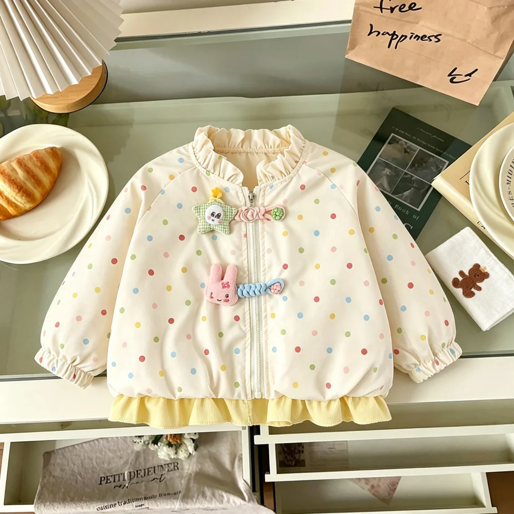 Girl's Jacket Spring And Autumn Colorful Polka Dot Cotton Long Sleeved Baby Girl Coat Cute And Sweet Princess Baby Outdoor Wear