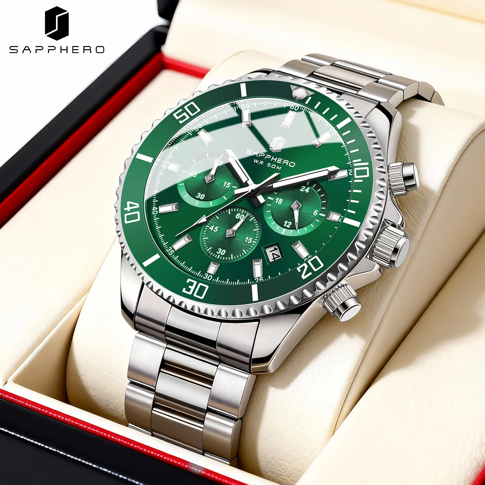 

Мужские кварцевые часы SAPPHERO, роскошные спортивные наручные часы с хронографом, водонепроницаемые, из нержавеющей стали, 50 м, с датой, светящиеся, деловые часы
