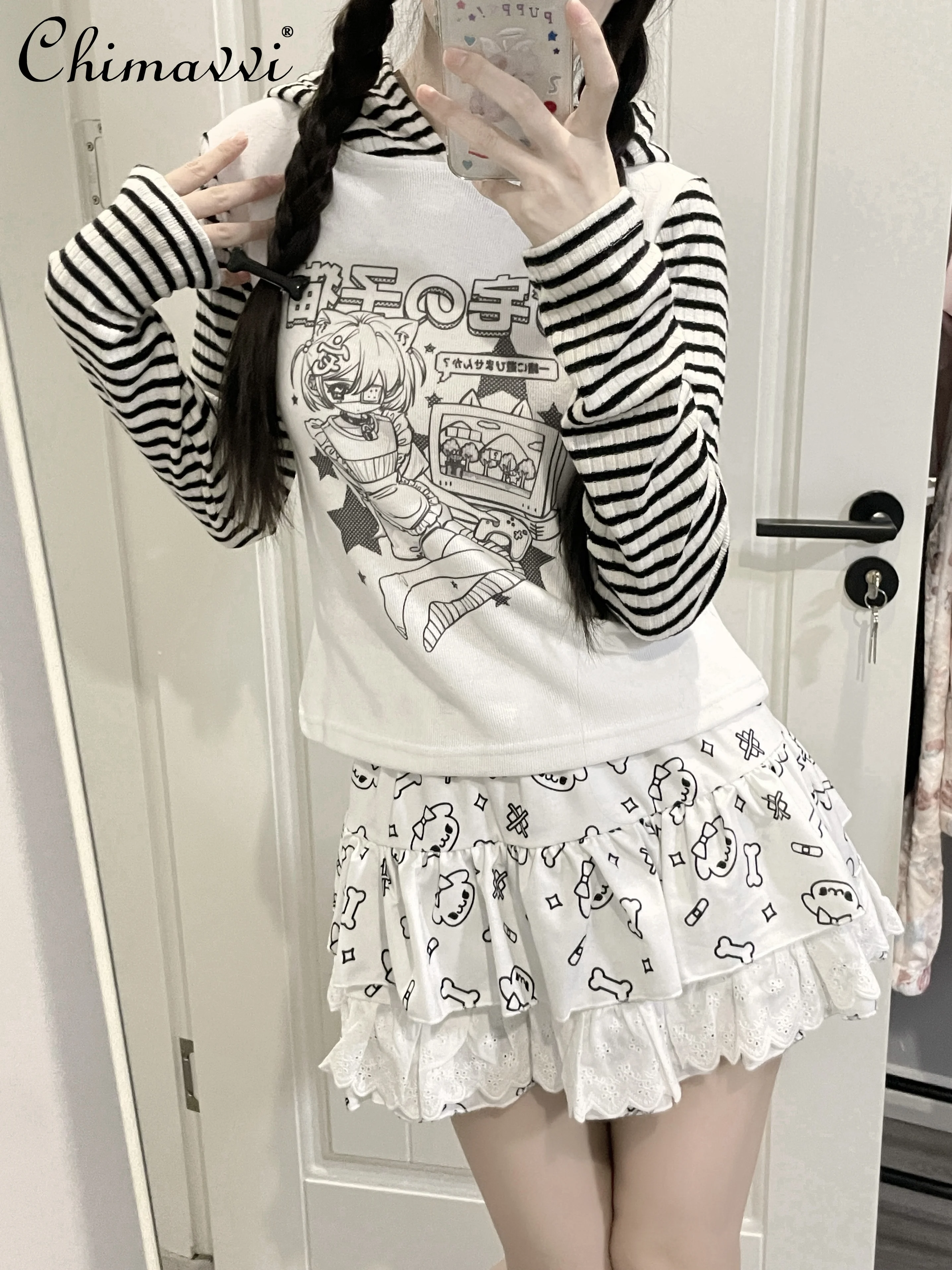 Original Striped Cat Ear Splicing Long Sleeve T-Shirt Autumn New Kawaii Student Hooded Printed Women's Subculture Y2k Tops