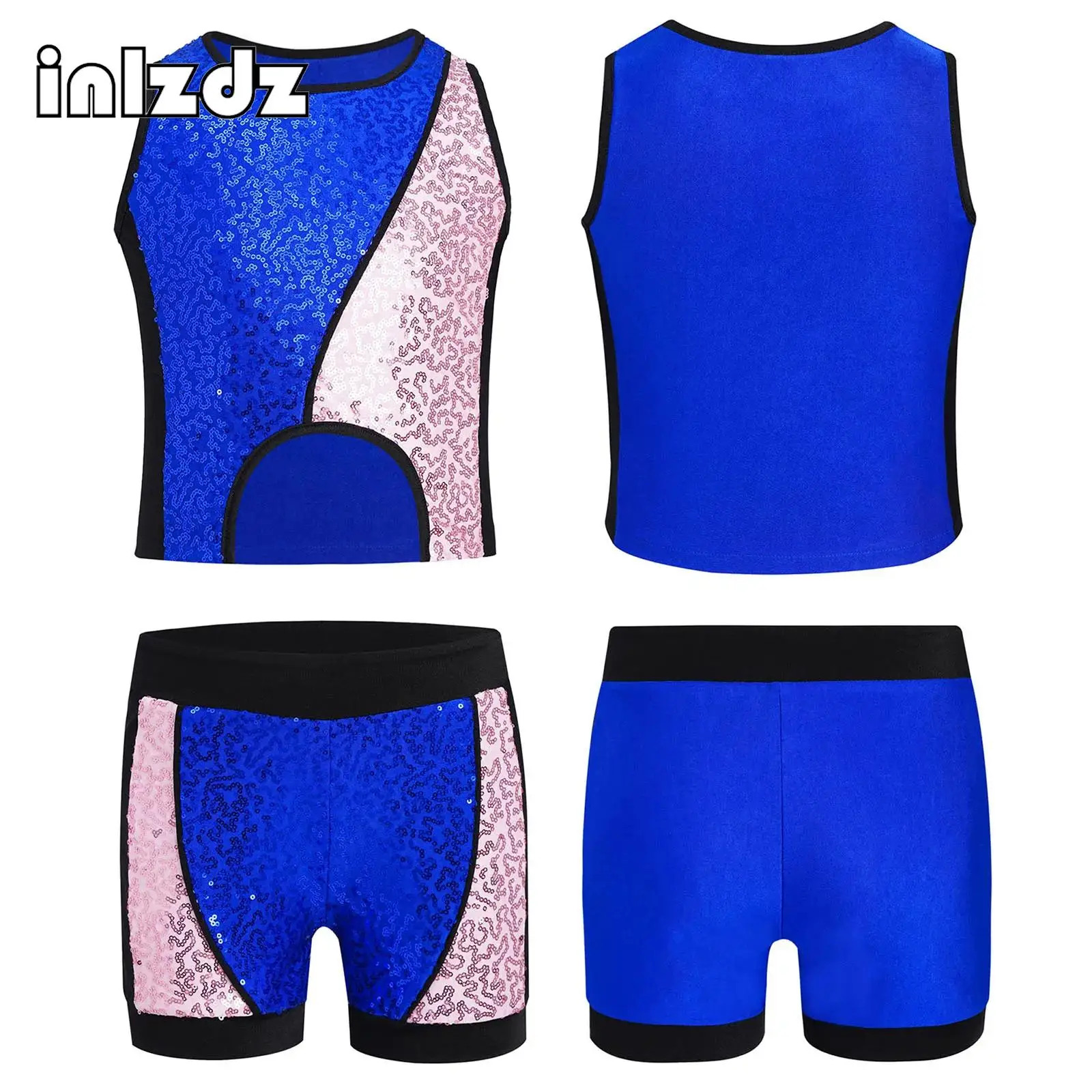 

Kids Girls Sequins Jazz Street Dance Costume Asymmetrical Hem Vest with Shorts Set for Cheerleading Dance Class Competition