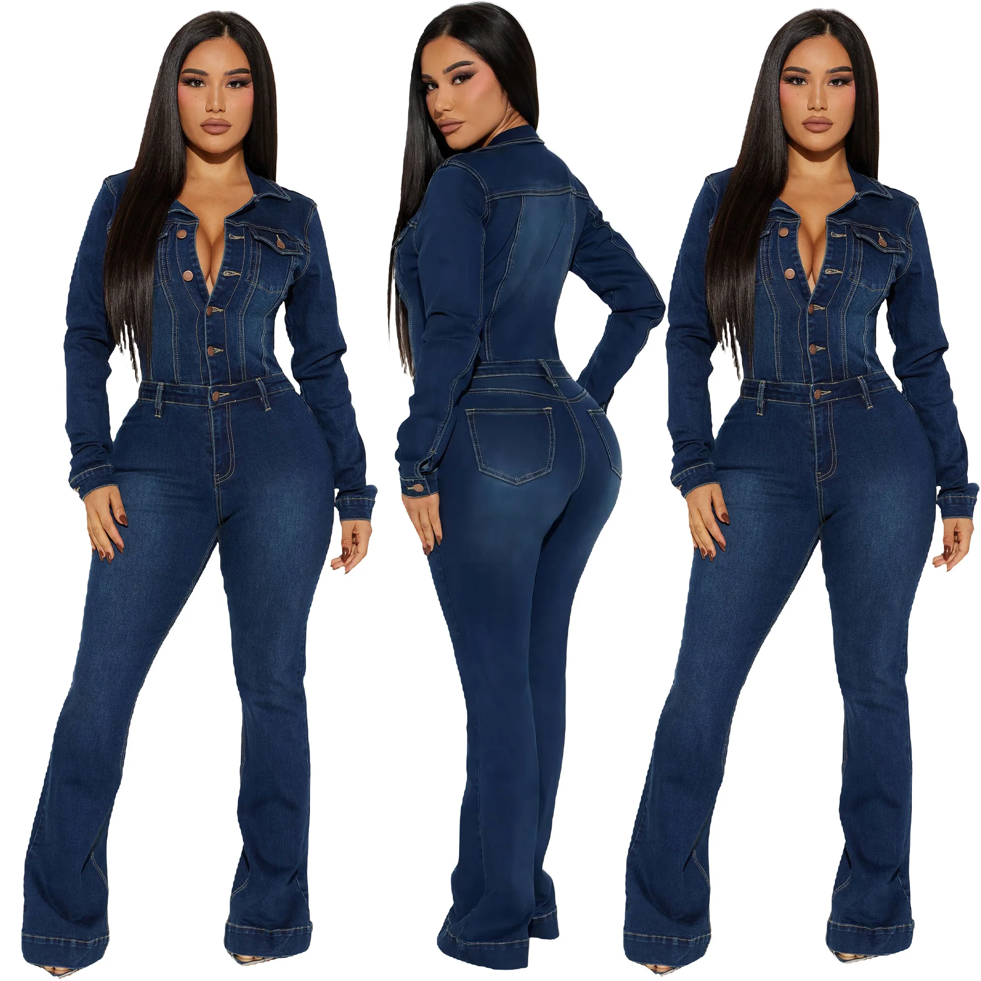 Wide Leg Denim Stretch Jumpsuit Sexy Women Turn Down Collar Elegant Jeans Casual Romper Overalls