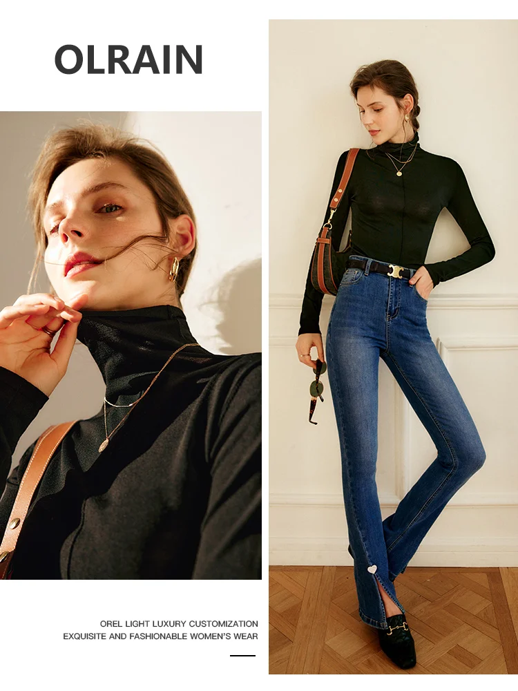 OLrain Slim Fit Turtleneck T-shirt for Women 2025 Autumn Black Fashion Knitted Long Sleeve Basic Soft Pullover Tops O21DM00302