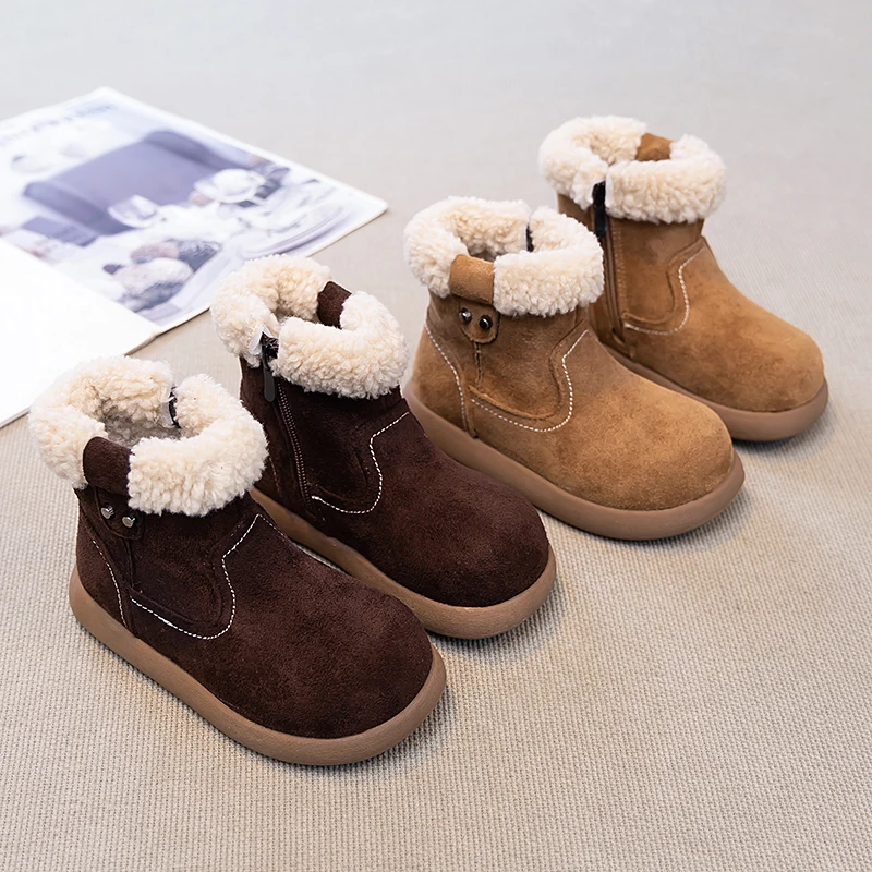 

Girls Leather Boots Round Toes Suede Warm Kids Short Boots with Side Zipper 2025 Winter New Children Casual Boots Soft Non-slip