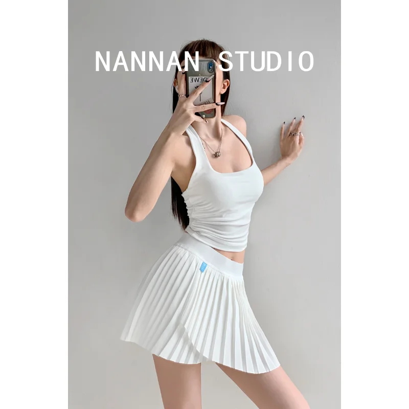 2024 Summer Vintage Korean Retro High Street Women Wrap Front Detail  Irregular Mini Pleated Tennis Skirt with Underpants